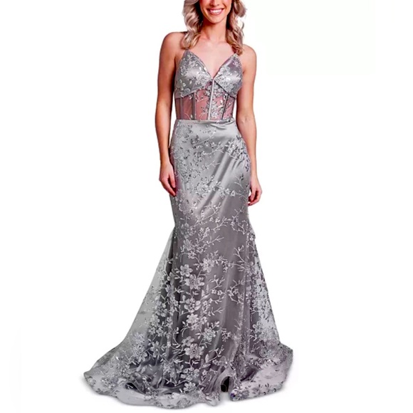 Dear Moon All Over Silver Glitter Mesh Gown - Picture 1 of 5